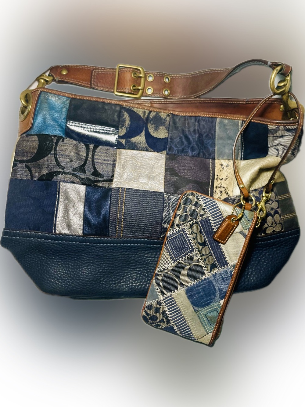 VTG Y2K Coach Denim Patchwork Ergo Hobo Bag & Matching Wristlet Set